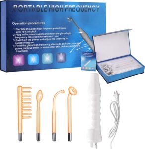 The high frequency electrotherapy is an important beauty instrument. It is through the glass electrode tube to produce high frequency current, and apply to the skin, thus achieves the treatment result. Four different electrode argones: you can choose the different electrodes to treat your skin problem. Large mushroom for large facial areas, small mushroom for smaller area, small glass head for spot areas, and comb accelerate the blood circulation of the head. High frequency vibration of the machine accelerate the blood circulation to improve your skin conditions. The machine include the insulated handle and glass probes for keeping safety, also it is easily can carry. It has the function of anti-aging, anti-wrinkle and skin-tightened. It produces the ozone for sterilization, can help wound to heal and to restrain pores. Connecting the handling beauty machine with the electrodes, open and rotating the button to adjust the intensity; turning up the intensity by clockwise rotation, decreasing the intensity by counterclockwise.