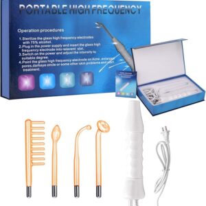 The high frequency electrotherapy is an important beauty instrument. It is through the glass electrode tube to produce high frequency current, and apply to the skin, thus achieves the treatment result. Four different electrode argones: you can choose the different electrodes to treat your skin problem. Large mushroom for large facial areas, small mushroom for smaller area, small glass head for spot areas, and comb accelerate the blood circulation of the head. High frequency vibration of the machine accelerate the blood circulation to improve your skin conditions. The machine include the insulated handle and glass probes for keeping safety, also it is easily can carry. It has the function of anti-aging, anti-wrinkle and skin-tightened. It produces the ozone for sterilization, can help wound to heal and to restrain pores. Connecting the handling beauty machine with the electrodes, open and rotating the button to adjust the intensity; turning up the intensity by clockwise rotation, decreasing the intensity by counterclockwise.